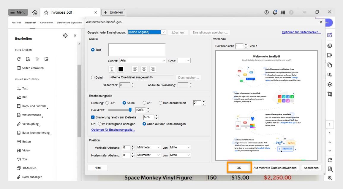 Das Dialogfeld „Wasserzeichen hinzufügen“ in Acrobat zeigt Optionen zur Anpassung von Textwasserzeichen und deren Anwendung auf eine oder mehrere PDFs.