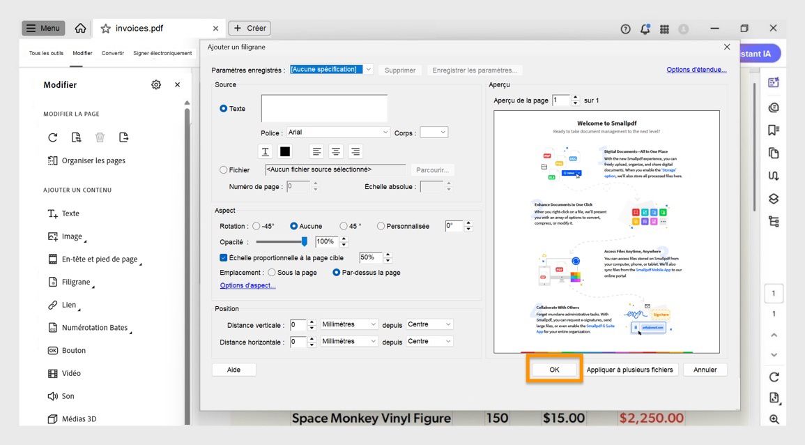 La boîte de dialogue Ajouter un filigrane dans Acrobat montrant les options pour personnaliser le filigrane de texte et l'appliquer à un ou plusieurs PDF.