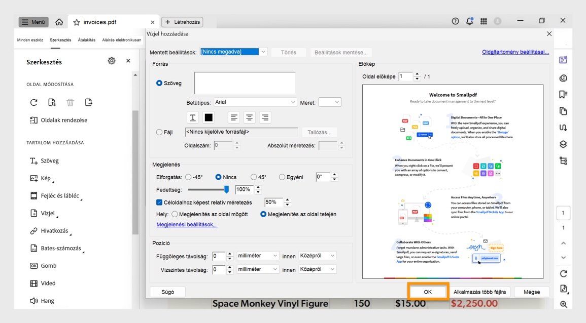 A Vízjel hozzáadása párbeszédpanel az Acrobatban, amely beállításokat mutat a szöveges vízjel testreszabásához és egy vagy több PDF-re való alkalmazásához.