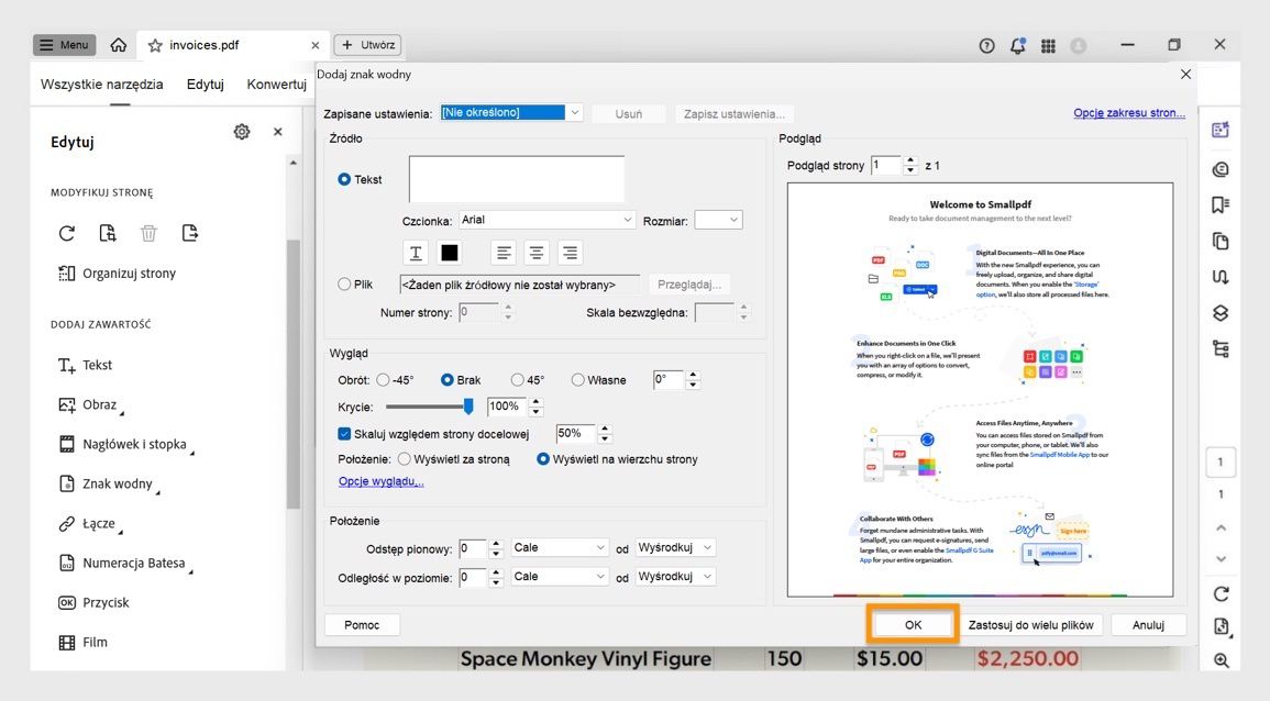 Okno dialogowe Dodaj znak wodny w programie Acrobat pokazujące opcje dostosowywania znaku wodnego w postaci tekstu i stosowania go do jednego lub wielu plików PDF.