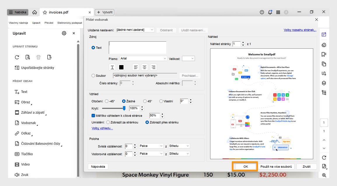 Dialogové okno Přidat vodoznak v aplikaci Acrobat zobrazující možnosti přizpůsobení textového vodoznaku a jeho použití na jeden nebo více souborů PDF.