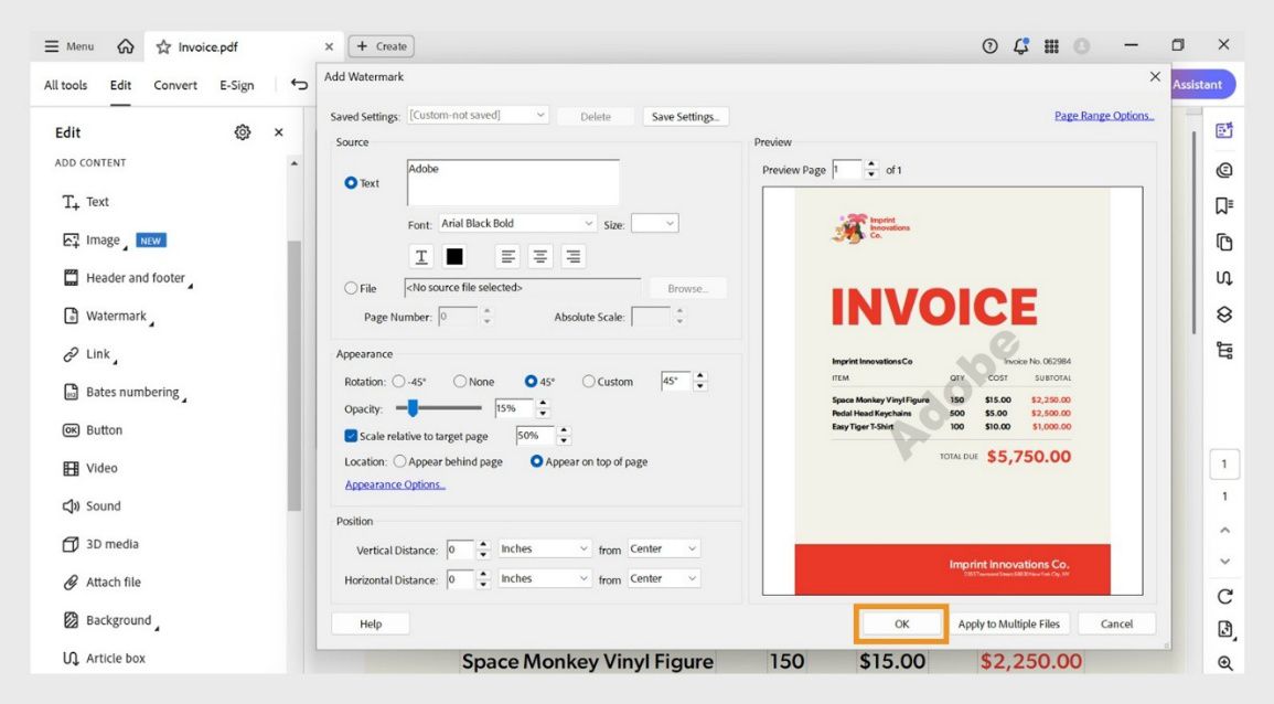 Ang dialog box na Add Watermark sa Acrobat na nagpapakita ng mga opsyon para i-customize ang text watermark at i-apply ito sa isa o maraming PDF.