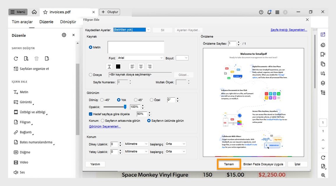 Acrobat'taki Filigran Ekle iletişim kutusu, metin filigranını özelleştirme ve bir veya birden çok PDF'ye uygulama seçeneklerini gösteriyor.