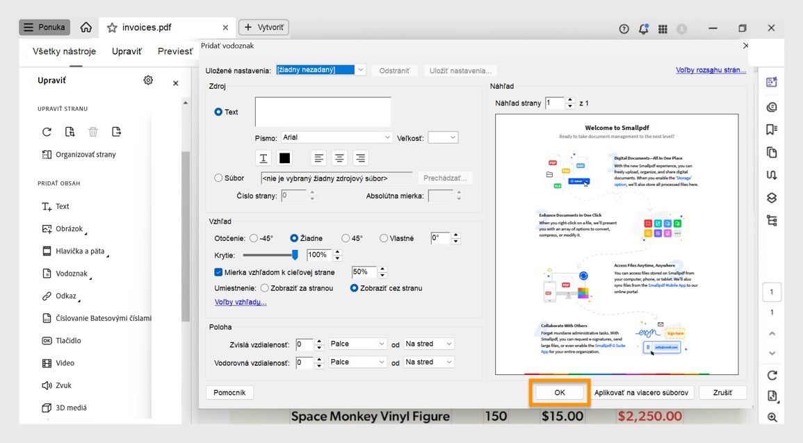 Dialógové okno Pridať vodoznak v programe Acrobat zobrazujúce možnosti prispôsobenia textového vodoznaku a jeho aplikácie na jeden alebo viacero PDF súborov.
