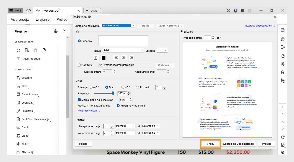 V pogovornem oknu Dodaj vodni žig v programu Acrobat so prikazane možnosti za prilagajanje besedilnega vodnega žiga in njegovo uporabo na enem ali več PDF-jih.