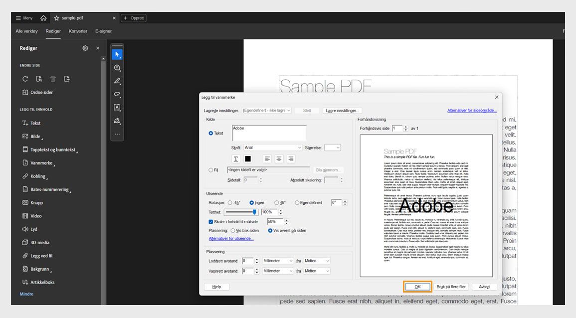 Dialogboksen «Legg til vannmerke» i Acrobat som viser alternativer for å tilpasse tekstvannmerke og bruke det på én eller flere PDF-er.