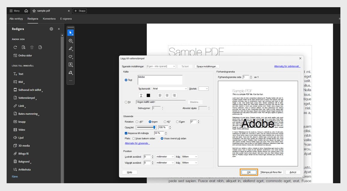 Dialogrutan Lägg till vattenstämpel i Acrobat som visar alternativ för att anpassa textvattenstämpel och tillämpa den på en eller flera PDF-filer.