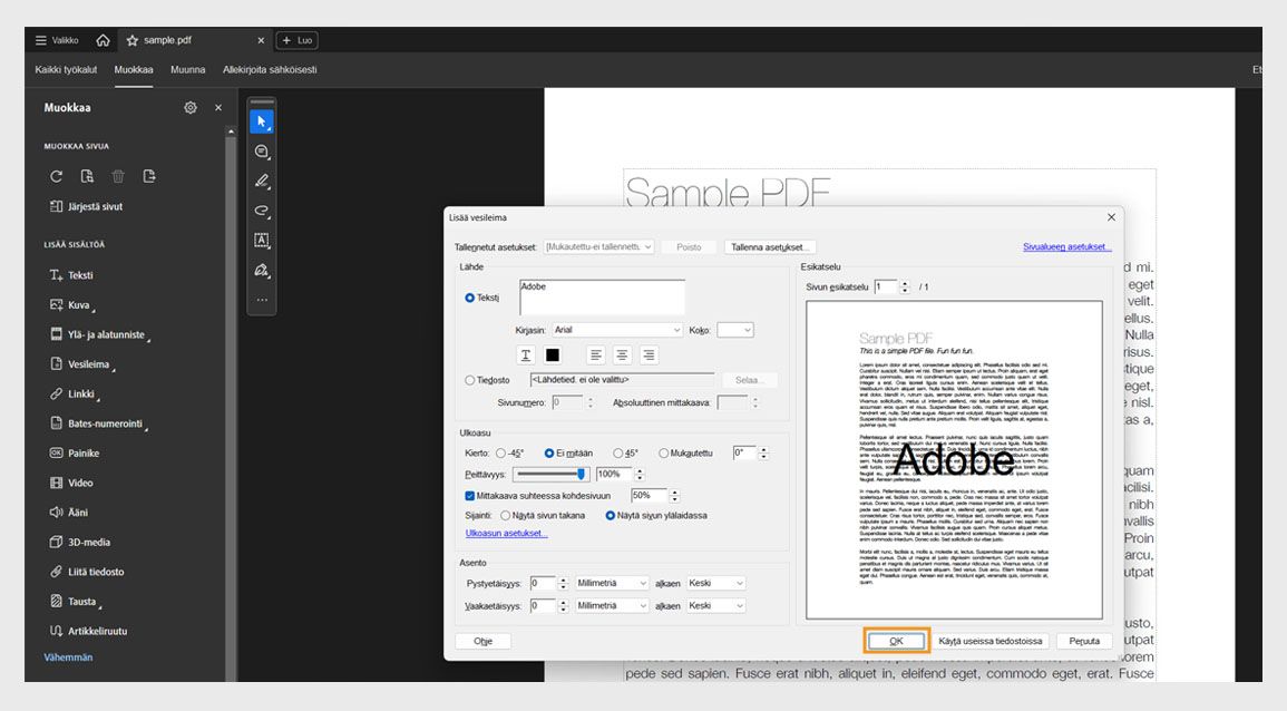 Lisää vesileima -valintaikkuna Acrobat-ohjelmassa näyttää vaihtoehdot tekstivesileiman mukauttamiseen ja sen käyttämiseen yhteen tai useampaan PDF-tiedostoon.