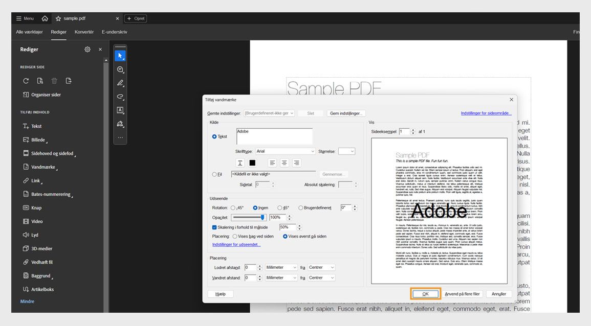 Dialogboksen Tilføj vandmærke i Acrobat, der viser indstillinger for at tilpasse tekstvandmærke og anvende det på en eller flere PDF'er.