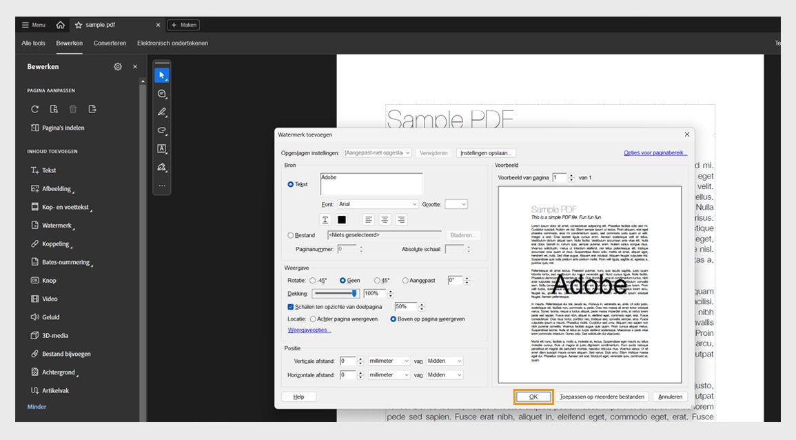 Het dialoogvenster Watermerk toevoegen in Acrobat met opties om het tekstwatermerk aan te passen en toe te passen op een of meerdere PDF's.