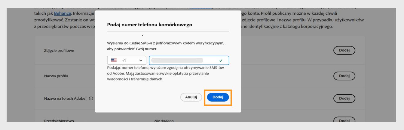 Przycisk Dodaj, dostępny w prawym dolnym rogu okna dialogowego Wprowadź numer telefonu, umożliwia kontynuowanie po dodaniu numeru telefonu.