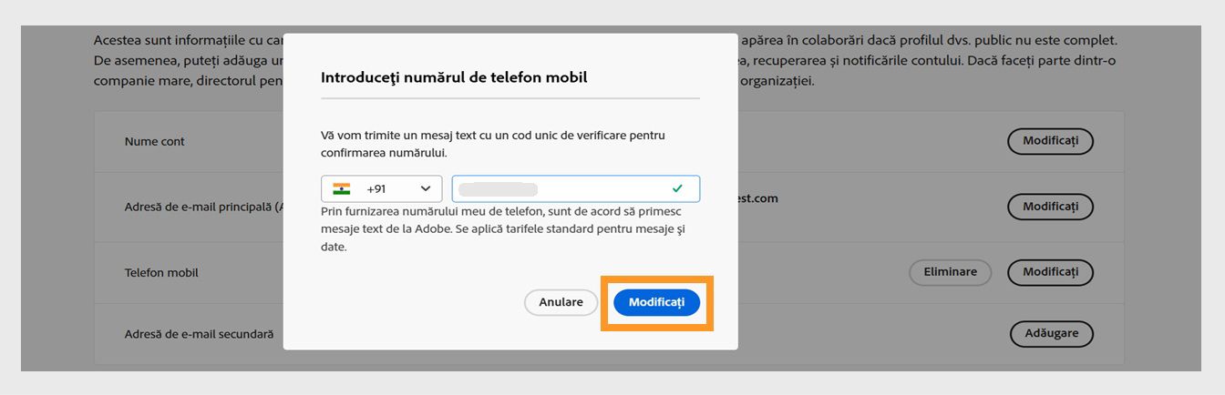 Butonul Adăugare, disponibil în partea din dreapta jos a casetei de dialog Introduceți numărul dvs. de telefon, vă permite să continuați după adăugarea numărului de telefon. 