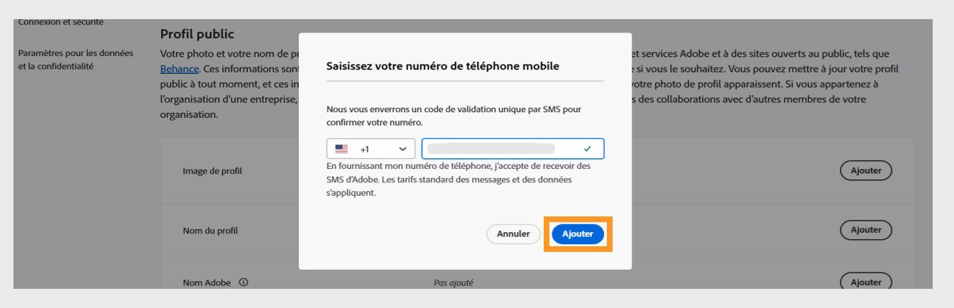 Le bouton Ajouter, disponible en bas à droite de la boîte de dialogue Saisissez votre numéro de téléphone, vous permet de continuer après avoir ajouté votre numéro de téléphone. 