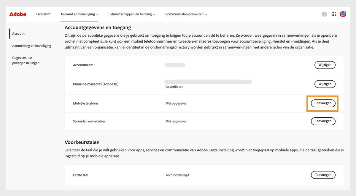 Met de knop Toevoegen, rechts op het scherm in het gedeelte Mobiele telefoon onder Accountgegevens en toegang, kun je een telefoonnummer toevoegen.