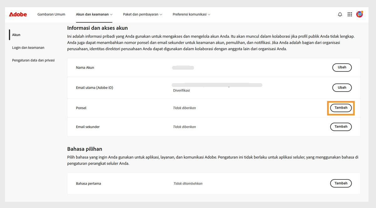 Tombol Tambah, yang terletak di sisi kanan layar di area Ponsel di bawah Informasi akun dan akses, memungkinkan Anda menambahkan nomor telepon.