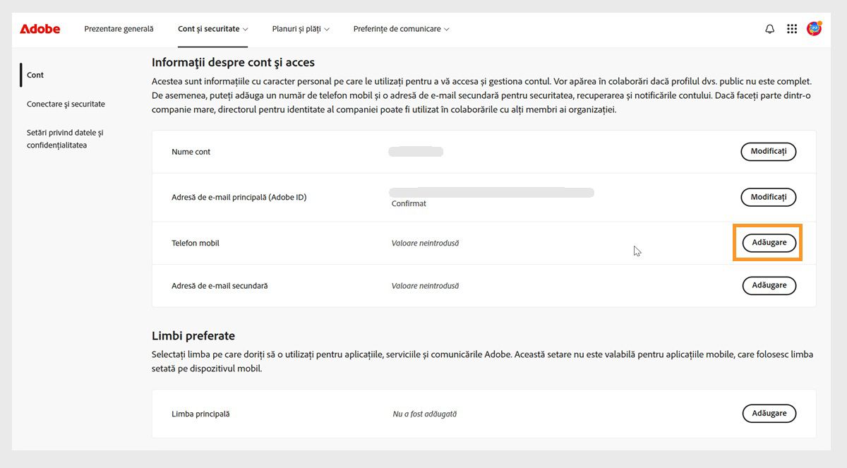 Butonul Adăugați, situat în partea dreaptă a ecranului în zona Telefon mobil din secțiunea Informații cont și acces, vă permite să adăugați un număr de telefon.