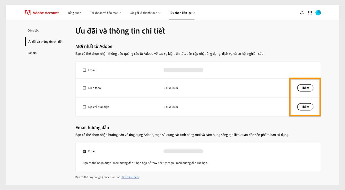 Nút Thêm ở phía bên phải màn hình dưới mục Mới nhất từ Adobe cho phép bạn thêm thông tin liên lạc như số điện thoại hoặc địa chỉ bưu điện.