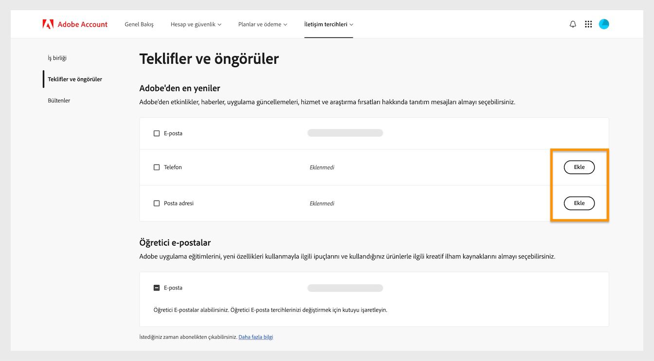 Adobe'den En Son Haberler seçeneğinin altında, ekranın sağ tarafında bulunan Ekle düğmesi, telefon numarası veya posta adresi gibi iletişim bilgilerini eklemenize olanak tanır.