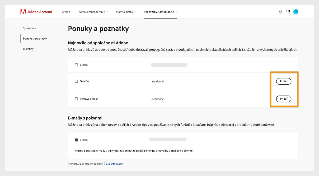 Tlačidlo Pridať, ktoré sa nachádza na pravej strane obrazovky v časti Najnovšie od Adobe, vám umožňuje pridať komunikačné údaje, ako je telefónne číslo alebo poštová adresa.