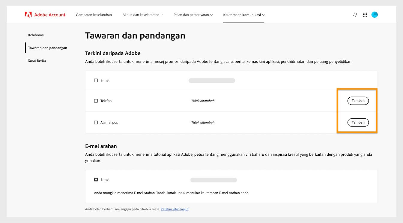 Butang Tambah, terletak di sebelah kanan skrin di bawah Terkini daripada Adobe, membolehkan anda menambahkan butiran komunikasi seperti nombor telefon atau alamat pos.