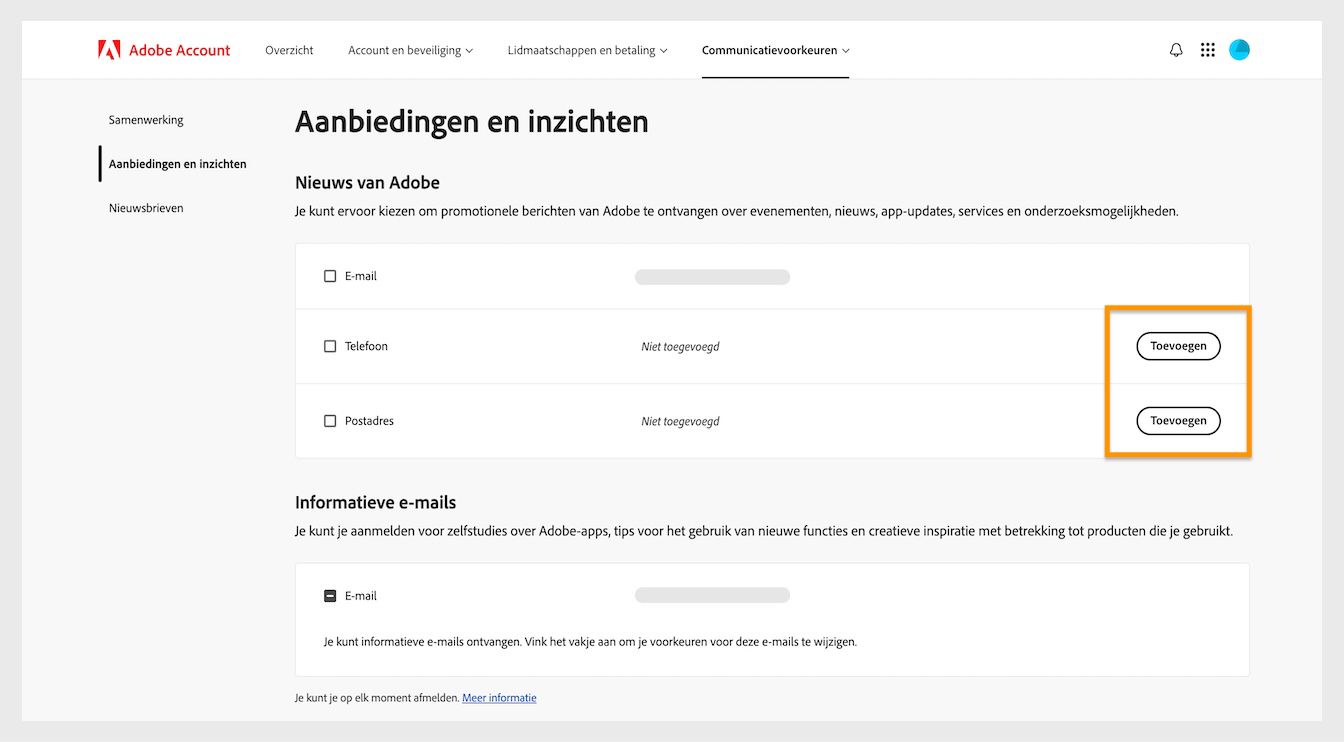 Met de knop Toevoegen, rechts op het scherm onder Laatste nieuws van Adobe, kun je contactgegevens toevoegen, zoals een telefoonnummer of postadres.
