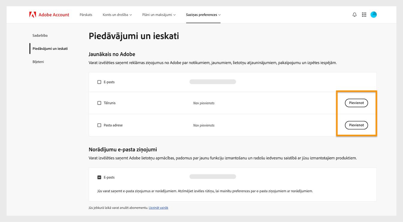 Poga Pievienot, kas atrodas ekrāna labajā pusē sadaļā Jaunākais no Adobe, ļauj pievienot komunikācijas detaļas, piemēram, tālruņa numuru vai pasta adresi.