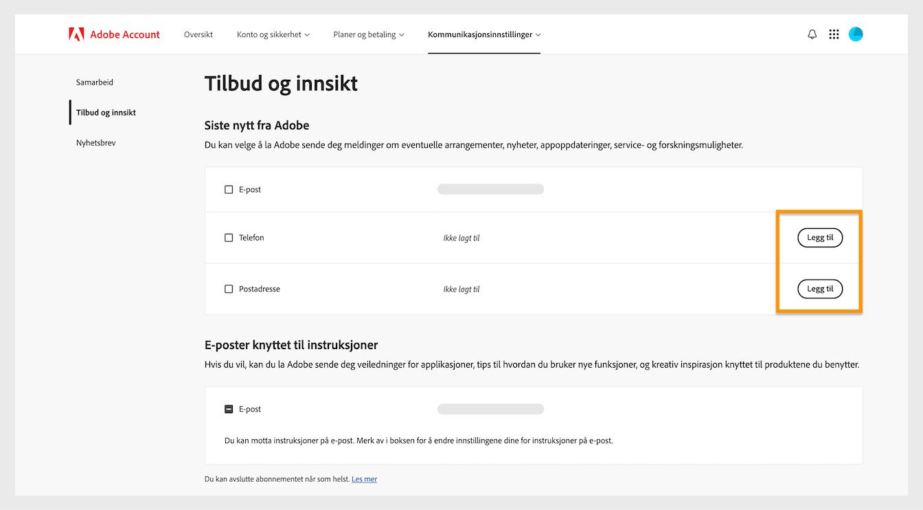Legg til-knappen, som ligger på høyre side av skjermen under Siste fra Adobe, lar deg legge til kommunikasjonsdetaljer som telefonnummer eller postadresse.