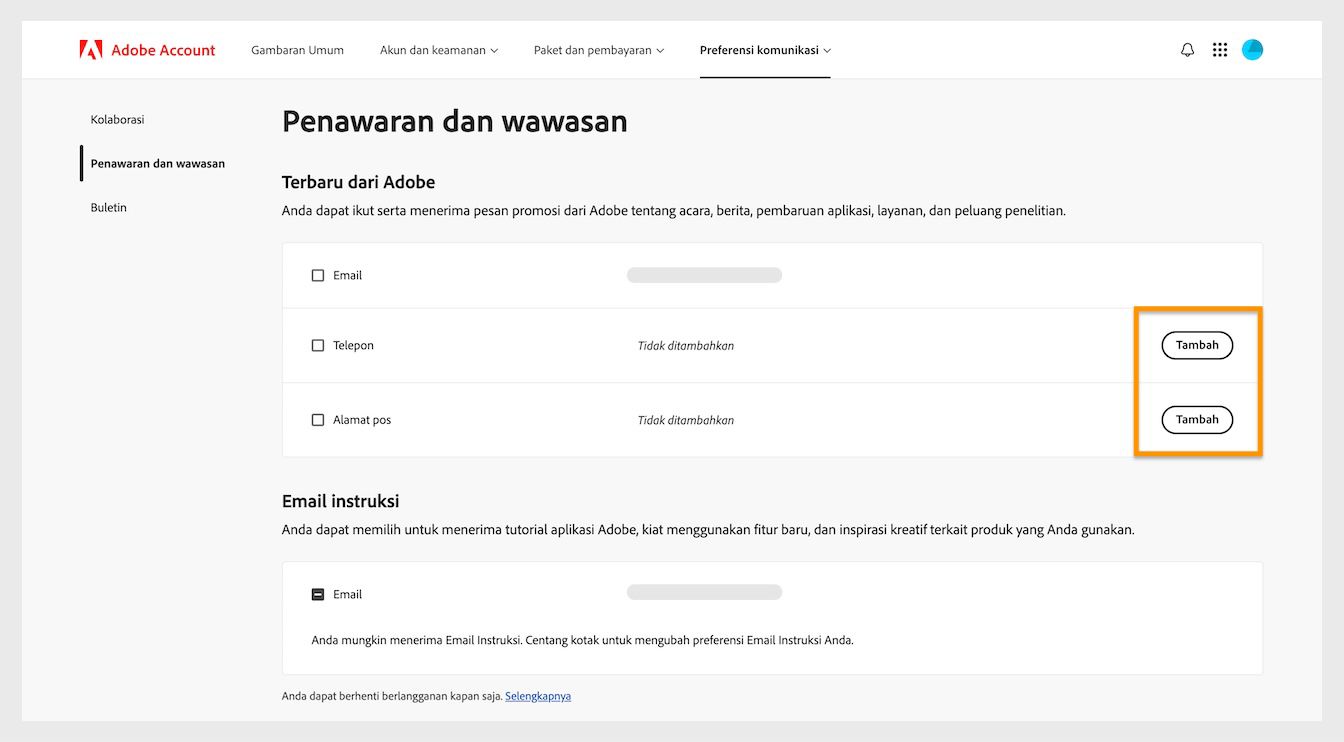 Tombol Add, yang terletak di sisi kanan layar di bawah Latest from Adobe, memungkinkan Anda menambahkan detail komunikasi seperti nomor telepon atau alamat pos.