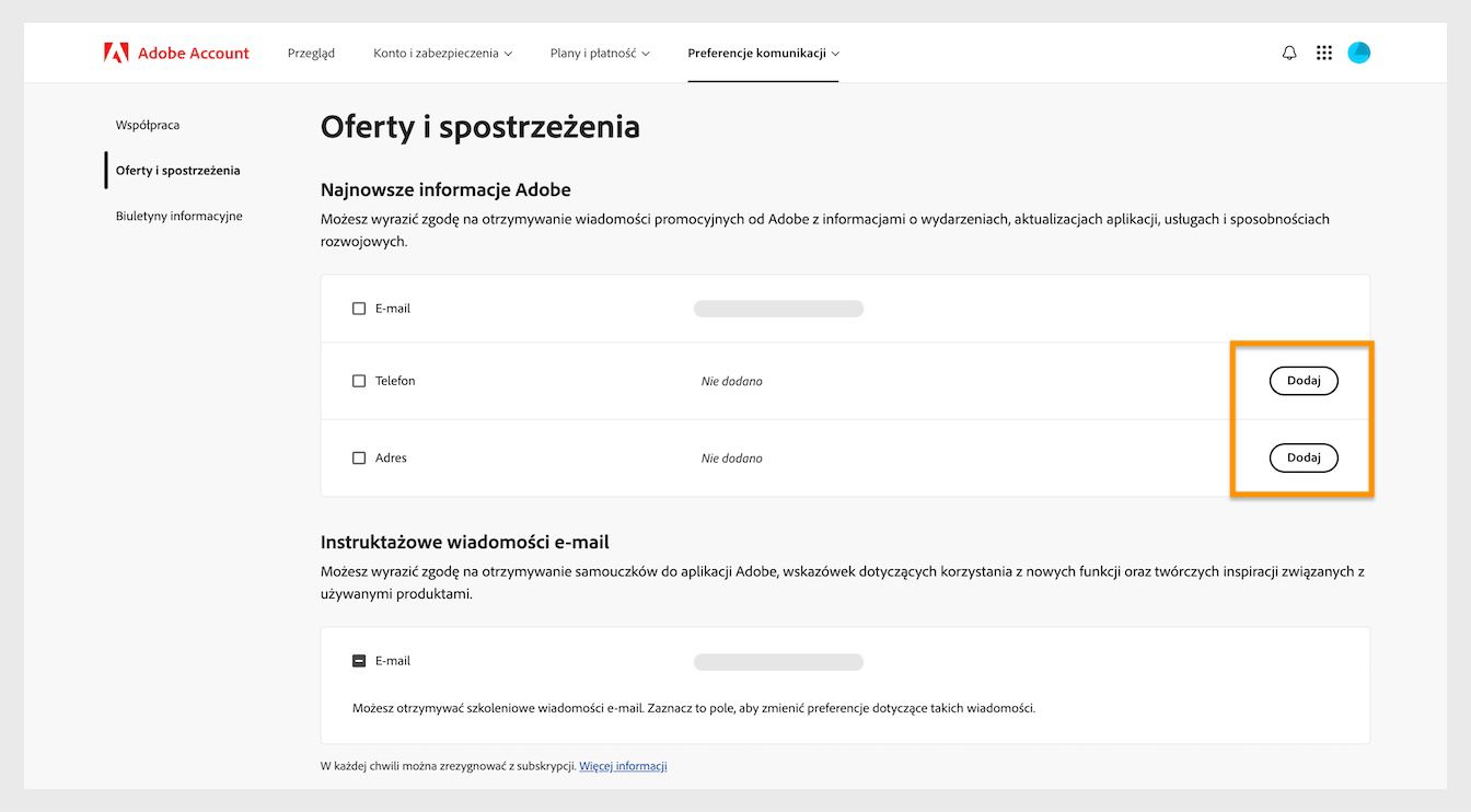 Przycisk Dodaj, znajdujący się po prawej stronie ekranu w sekcji Najnowsze informacje od Adobe, umożliwia dodanie danych kontaktowych, takich jak numer telefonu lub adres pocztowy.