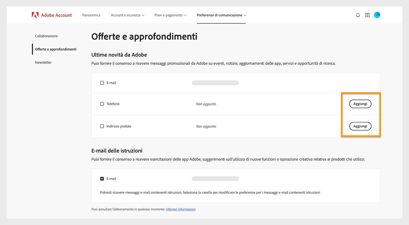 Il pulsante Aggiungi, situato sul lato destro dello schermo sotto Novità da Adobe, ti consente di aggiungere dettagli di comunicazione come un numero di telefono o un indirizzo postale.