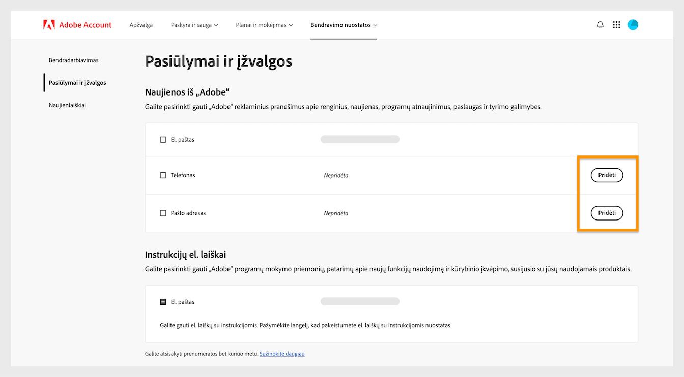 Mygtukas „Pridėti“, esantis dešinėje ekrano pusėje, skiltyje „Adobe“ naujienos“, leidžia pridėti kontaktinius duomenis, pvz., telefono numerį ar pašto adresą.