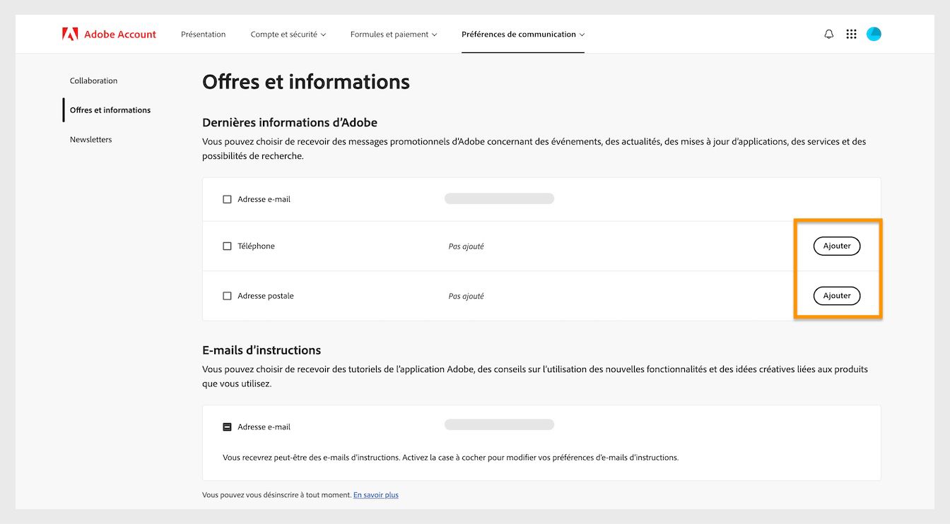 Le bouton Ajouter, situé sur le côté droit de l’écran sous Dernières nouvelles d’Adobe, vous permet d’ajouter des détails de communication tels qu’un numéro de téléphone ou une adresse postale.