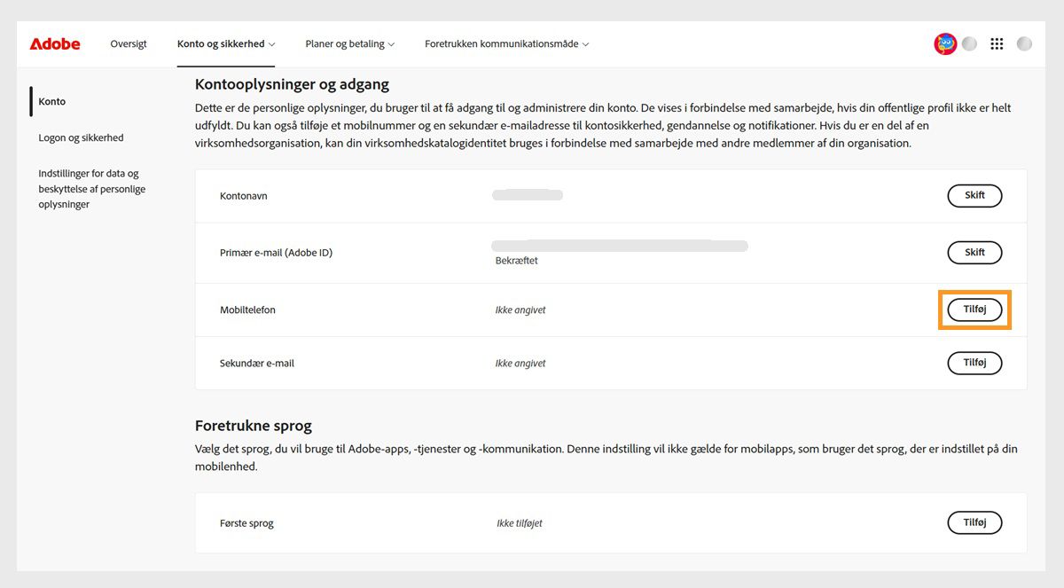 Knappen Tilføj, der findes på højre side af skærmen i området Mobiltelefon under Kontooplysninger og adgang, giver dig mulighed for at tilføje et telefonnummer.