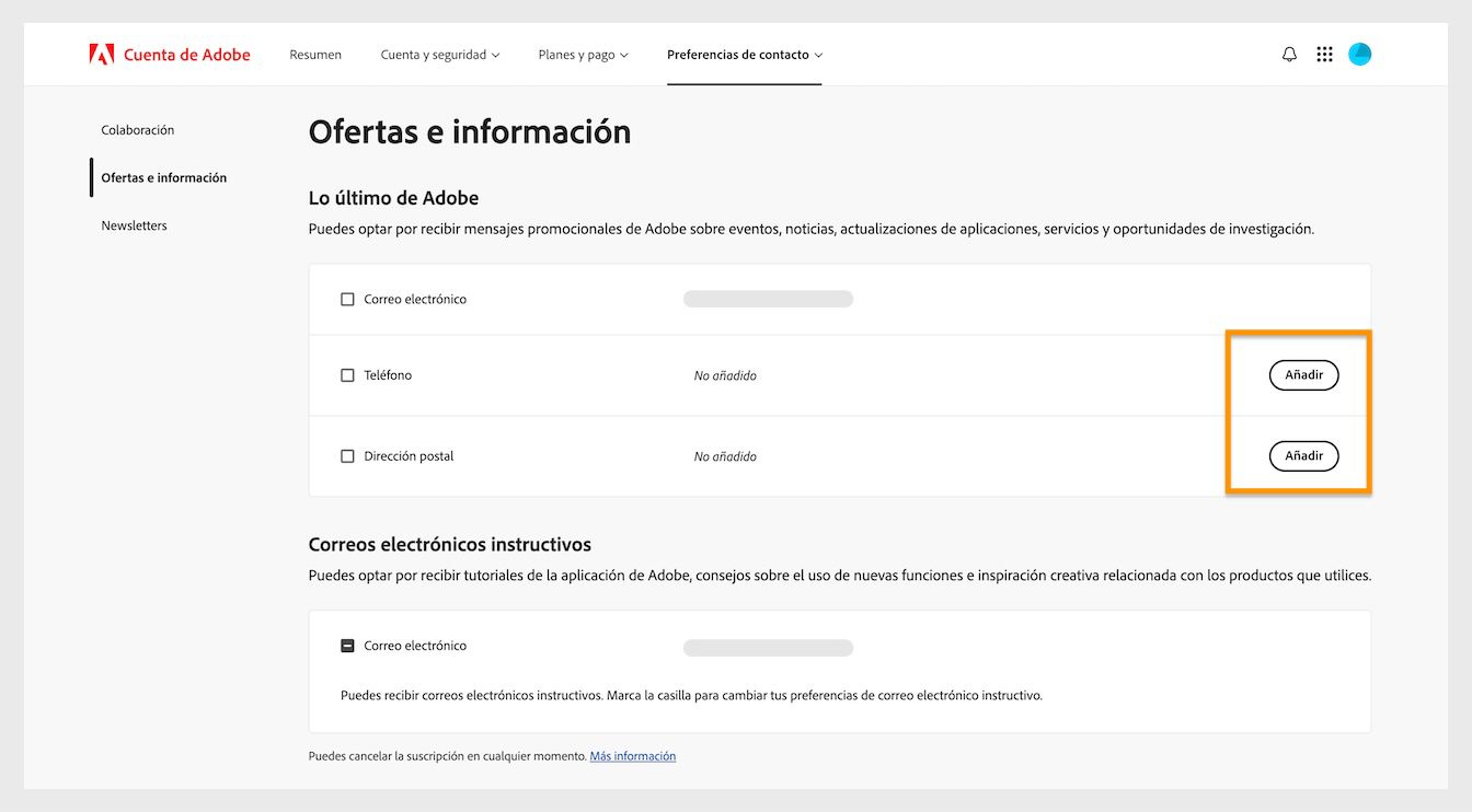El botón Añadir, ubicado en el lado derecho de la pantalla bajo Novedades de Adobe, le permite añadir detalles de comunicación como un número de teléfono o una dirección postal.