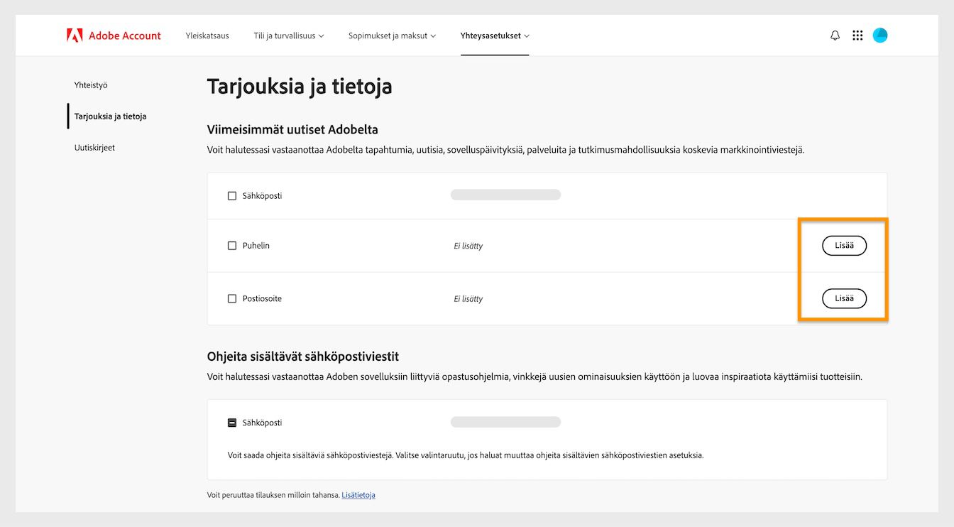 Näytön oikealla puolella olevan Uusimmat tiedot Adobelta -kohdan alla näkyy Lisää-painike, josta voit lisätä yhteystietosi, kuten puhelinnumeron tai postiosoitteen.