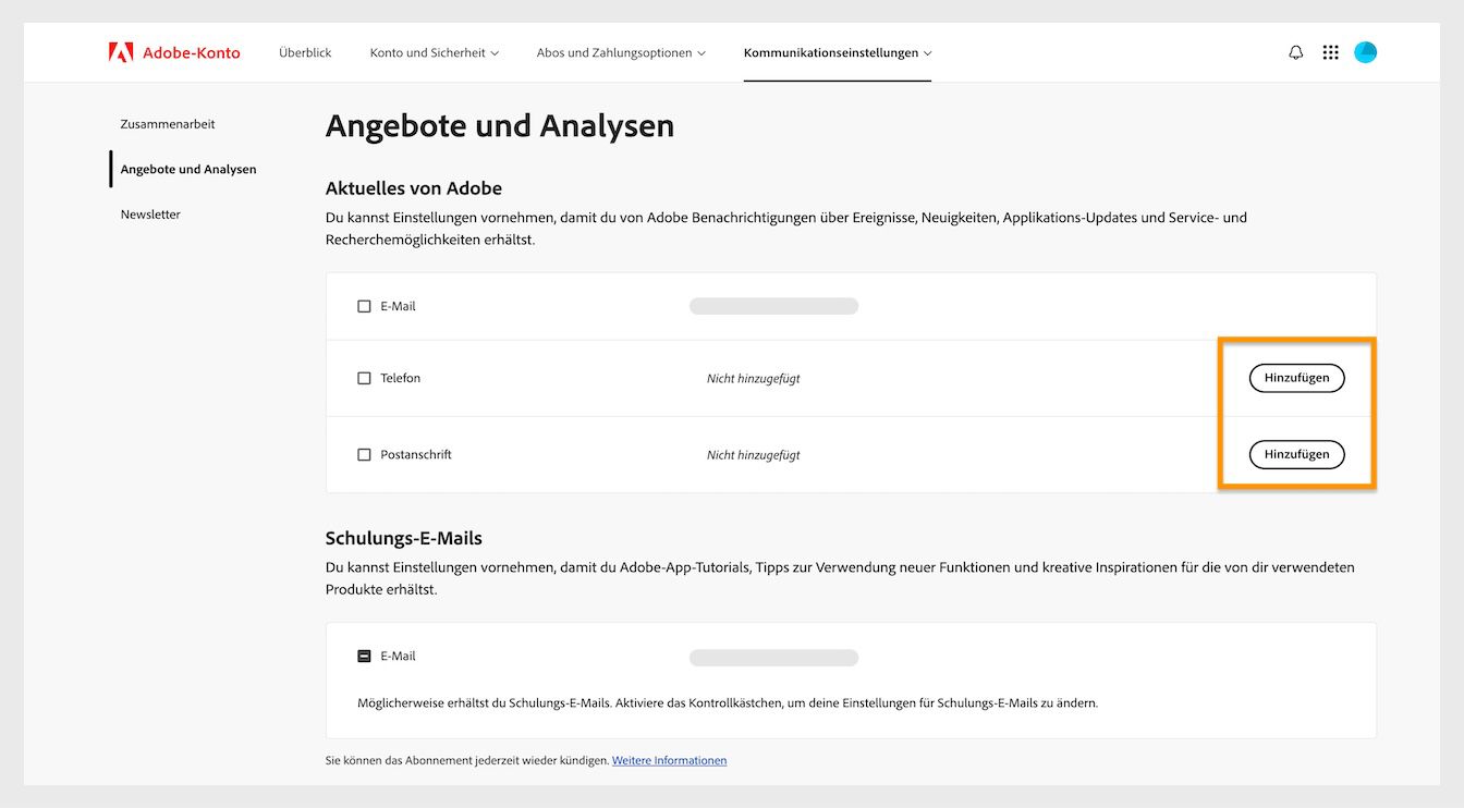 Die Schaltfläche „Hinzufügen“, die sich auf der rechten Seite des Bildschirms unter „Neuestes von Adobe“ befindet, ermöglicht es dir, Kommunikationsdetails wie eine Telefonnummer oder Postadresse hinzuzufügen.