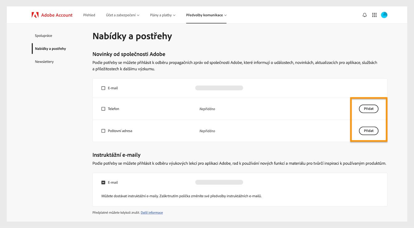 Tlačítko Přidat, které se nachází na pravé straně obrazovky v části Nejnovější od společnosti Adobe, vám umožňuje přidat údaje pro komunikaci, jako je telefonní číslo nebo poštovní adresa.