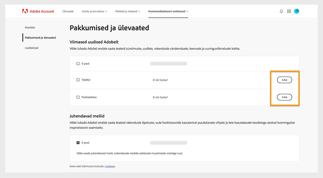 Ekraani paremas servas jaotise Adobe uudised all asuv nupp Lisa võimaldab lisada suhtlusandmeid, näiteks telefoninumbri või postiaadressi.