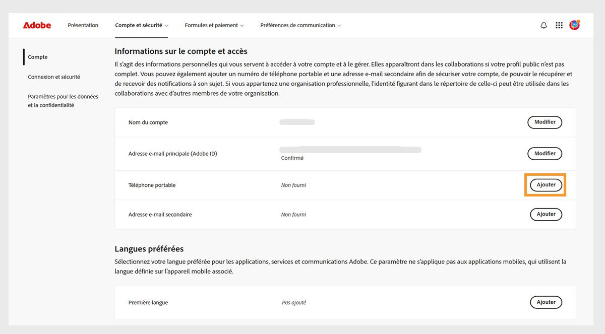 Le bouton Ajouter, situé sur le côté droit de l’écran dans la zone Téléphone mobile sous Informations sur le compte et accès, vous permet d’ajouter un numéro de téléphone. 