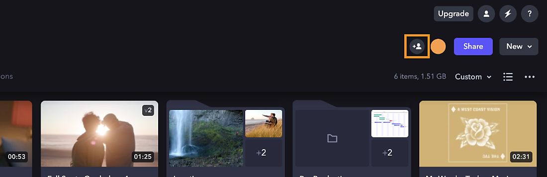L'icona Aggiungi collaboratore è evidenziata nella web app Frame.io per consentire all'utente di aggiungere un nuovo collaboratore e inviare un invito alla collaborazione.