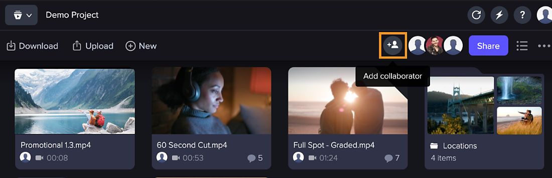 El icono Añadir colaborador está resaltado en el panel de Frame.io en Premiere Pro para que el usuario añada un nuevo colaborador y envíe una invitación para colaborar.