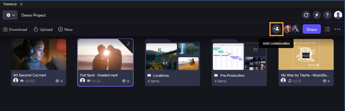 Das Symbol „Mitwirkende Person hinzufügen“ ist im Frame.io-Bedienfeld in Premiere Pro hervorgehoben, mit dem sich eine neue mitwirkende Person hinzufügen und eine Einladung zur Zusammenarbeit senden lässt.