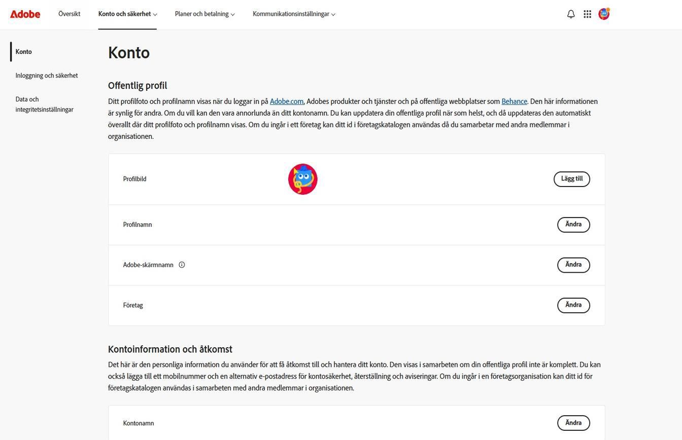 Med knapparna Lägg till eller Ändra, som finns på höger sida av skärmen på sidan Konto, kan du lägga till eller uppdatera din kontoinformation. 