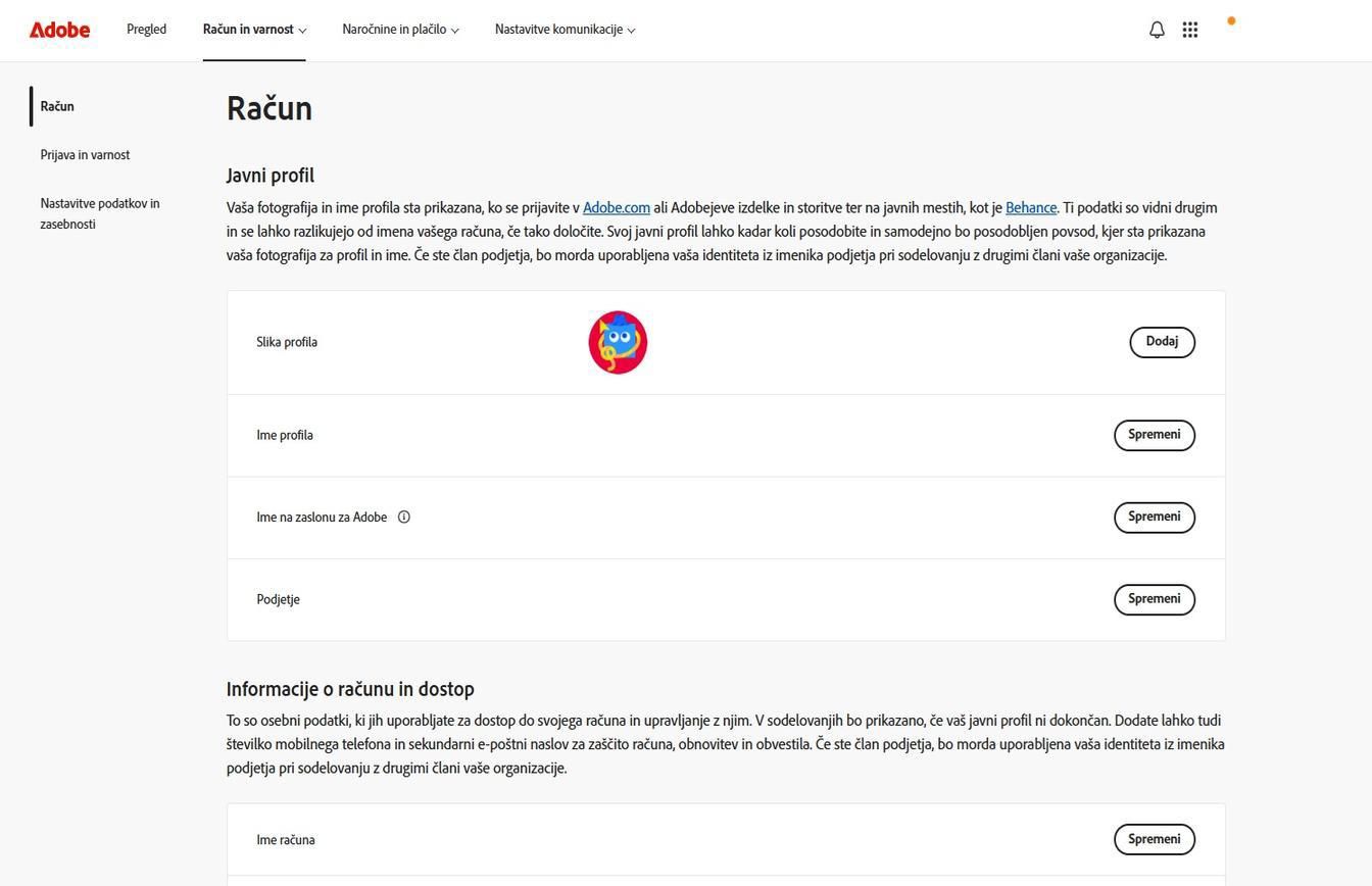 Gumba Dodaj ali Spremeni, ki sta na voljo na desni strani zaslona strani računa, omogočata dodajanje ali posodabljanje podatkov o računu. 