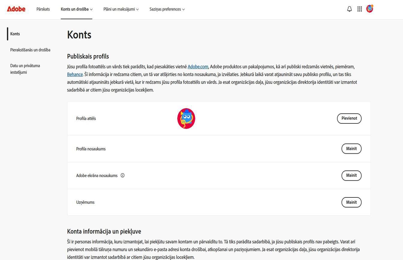 Pogas Pievienot vai Mainīt, kas pieejamas ekrāna labajā pusē konta lapā, ļauj pievienot vai atjaunināt konta informāciju.