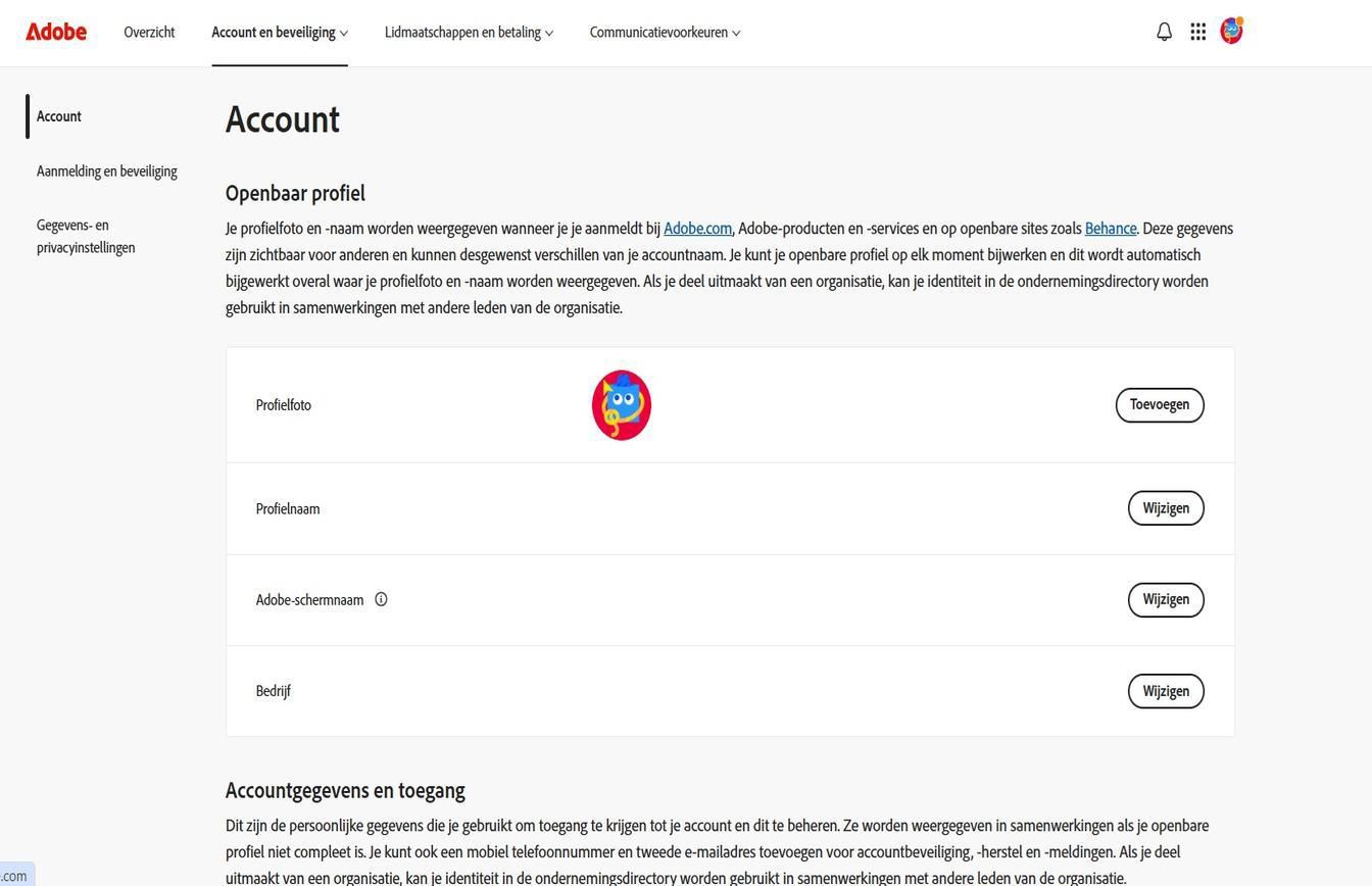 Met de knoppen Toevoegen of Wijzigen, beschikbaar aan de rechterkant van het scherm op de Account-pagina, kun je je accountgegevens toevoegen of bijwerken.
