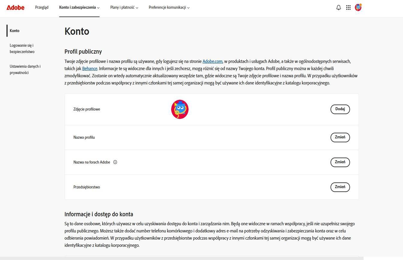 Przyciski Dodaj lub Zmień, dostępne po prawej stronie ekranu na stronie Konto, umożliwiają dodawanie lub aktualizowanie informacji o koncie. 