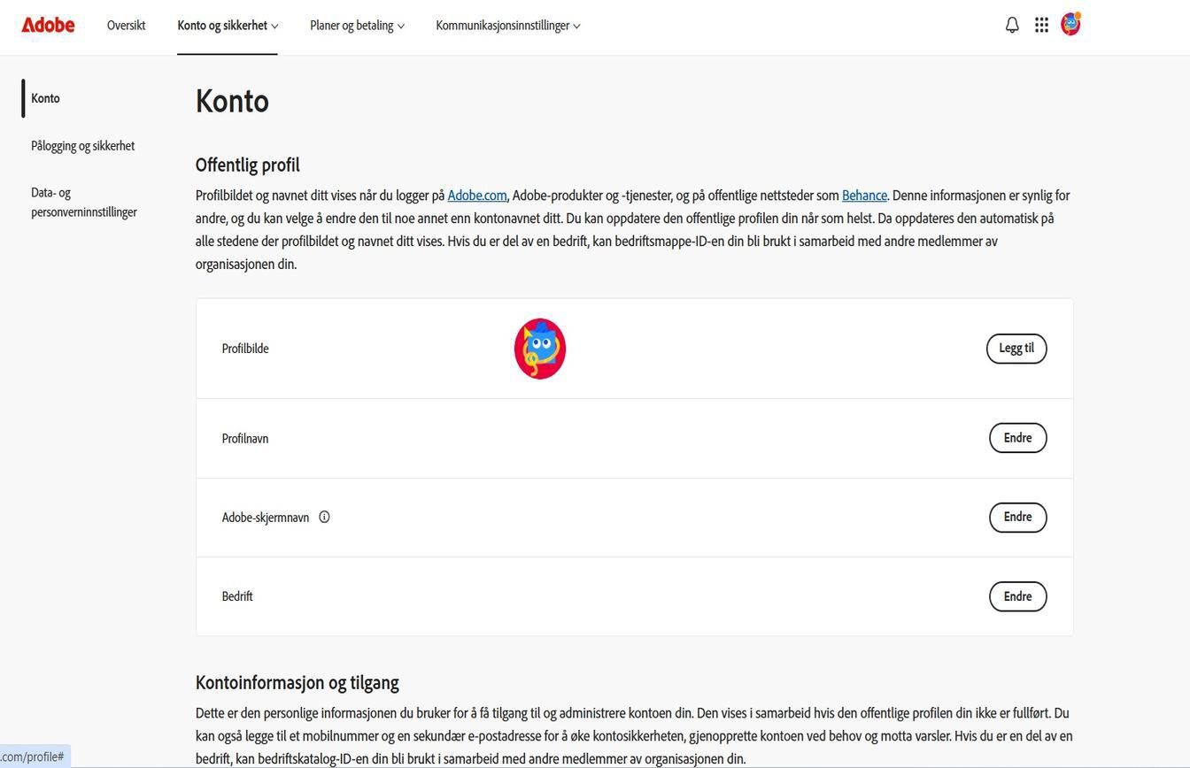 Knappene Legg til eller Endre, som er tilgjengelige på høyre side av skjermen på Konto-siden, lar deg legge til eller oppdatere kontoinformasjonen din. 