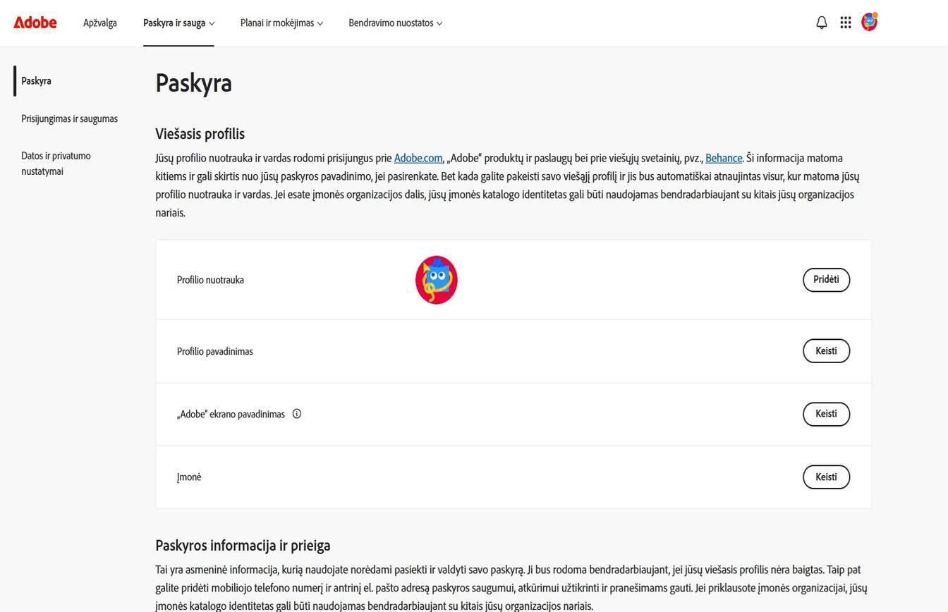 Mygtukai „Pridėti“ arba „Keisti“, esantys dešinėje ekrano pusėje paskyros puslapyje, leidžia pridėti arba atnaujinti paskyros informaciją.