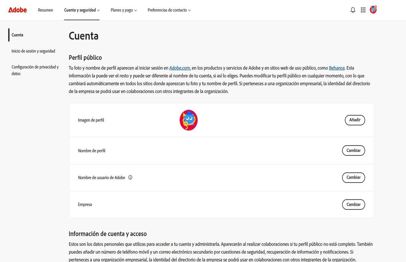 Los botones Añadir o Cambiar, disponibles en el lado derecho de la pantalla en la página de Cuenta, le permiten añadir o actualizar la información de su cuenta. 